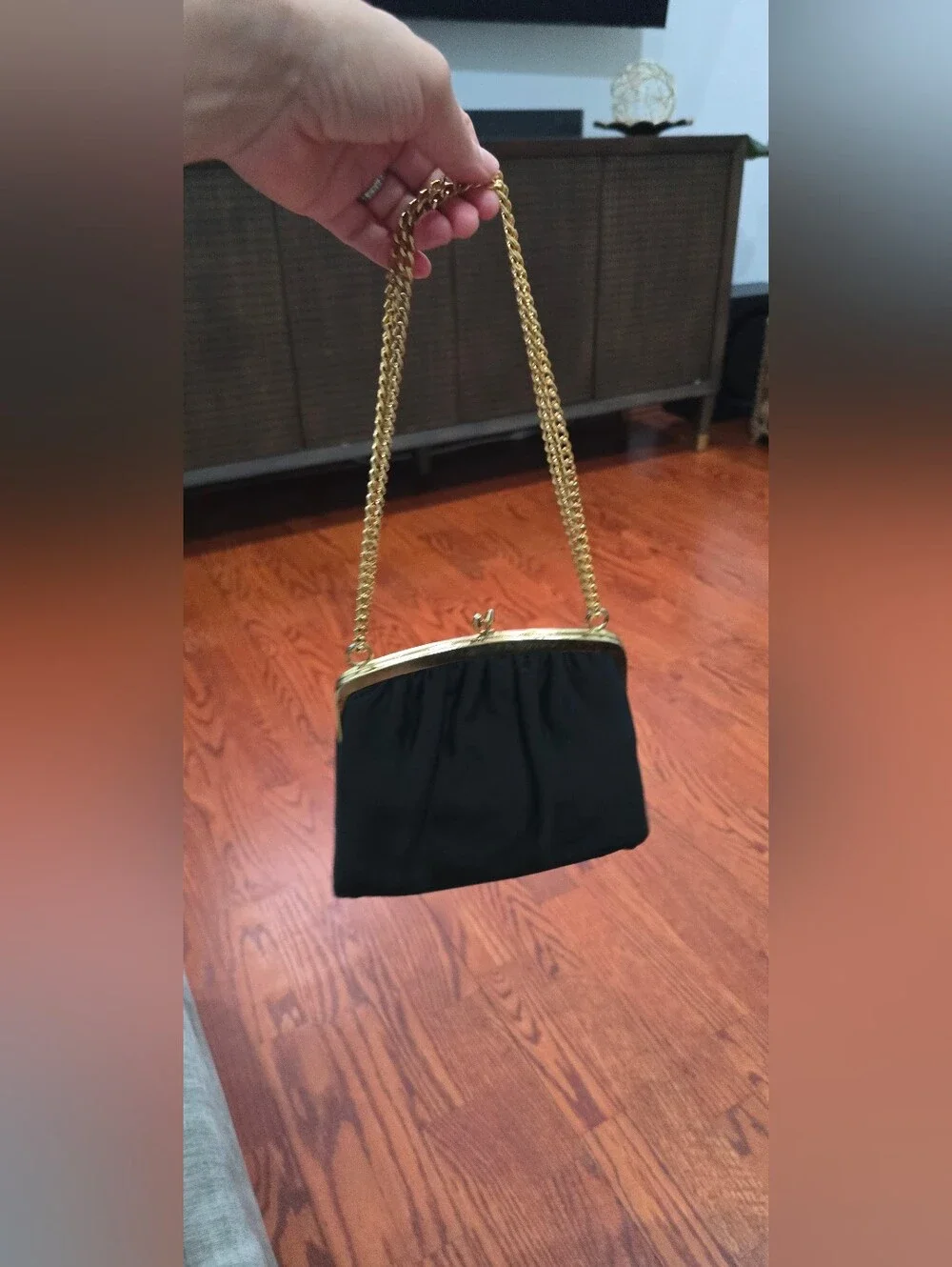Vintage 50s 60s Black Crepe Evening Clutch Bag Gold Chain Kiss Lock Purse